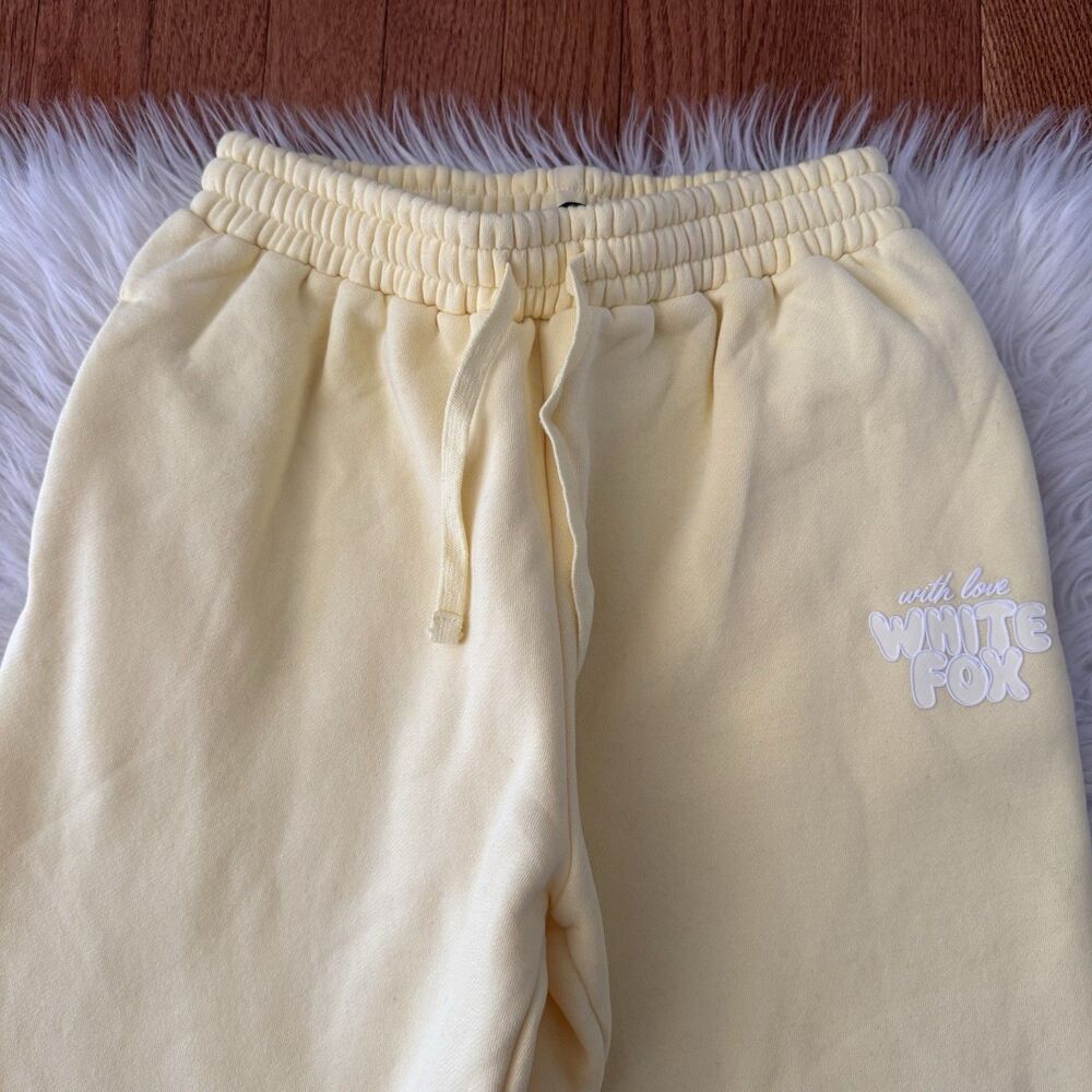 White Fox With Love Sweatpants Women’s XS Cropped Fleece Lined Lemon Yellow Logo